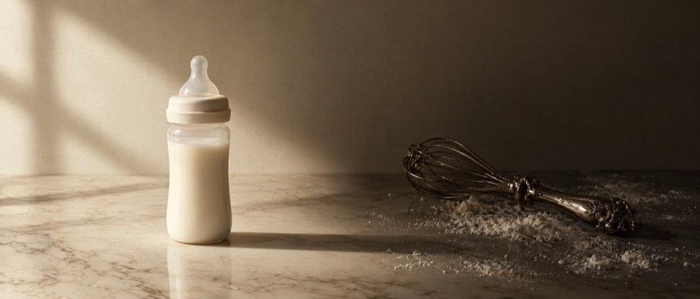Photograph: a plain baby's bottle lit clearly on marble, an ornate silver whisk and scattered flour in shadow behind it