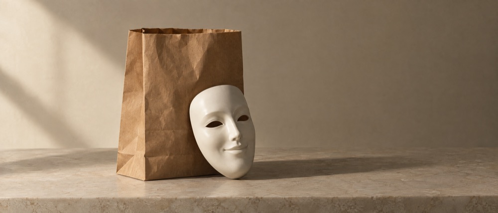 Photograph: a paper grocery bag on a counter with a blank white ceramic face-mask propped against it