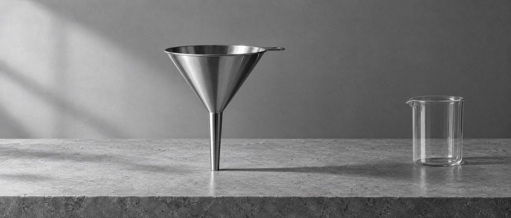 Photograph, greyscale: a metal funnel on a stone bench with nothing beneath it and an empty beaker set aside