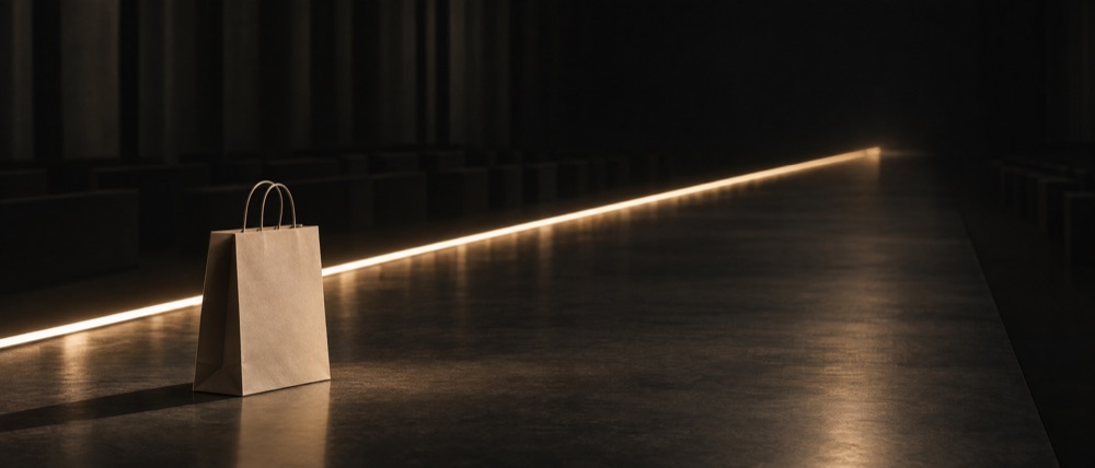 Photograph: a long empty runway at night lit by one line of light, a single paper shopping bag at the near end