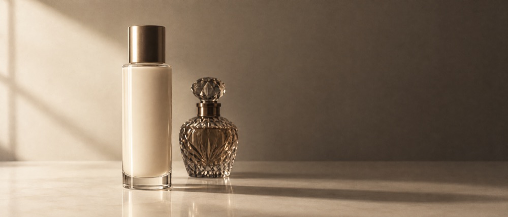Photograph: a plain everyday cosmetic bottle standing tall in the light beside a shorter ornate crystal flacon in shadow