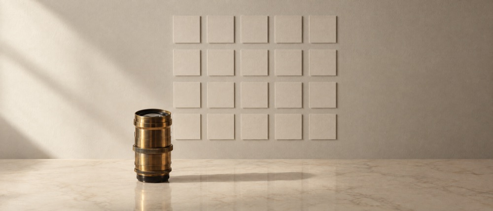 Photograph: a brass camera lens standing upright facing a wall of small blank cards in a regular grid