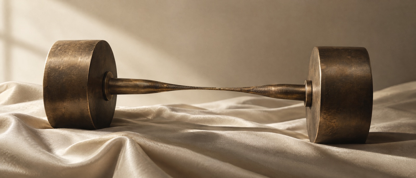 Photograph: a bronze barbell on ivory silk, heavy discs at both ends and the bar worn visibly thin in the middle.