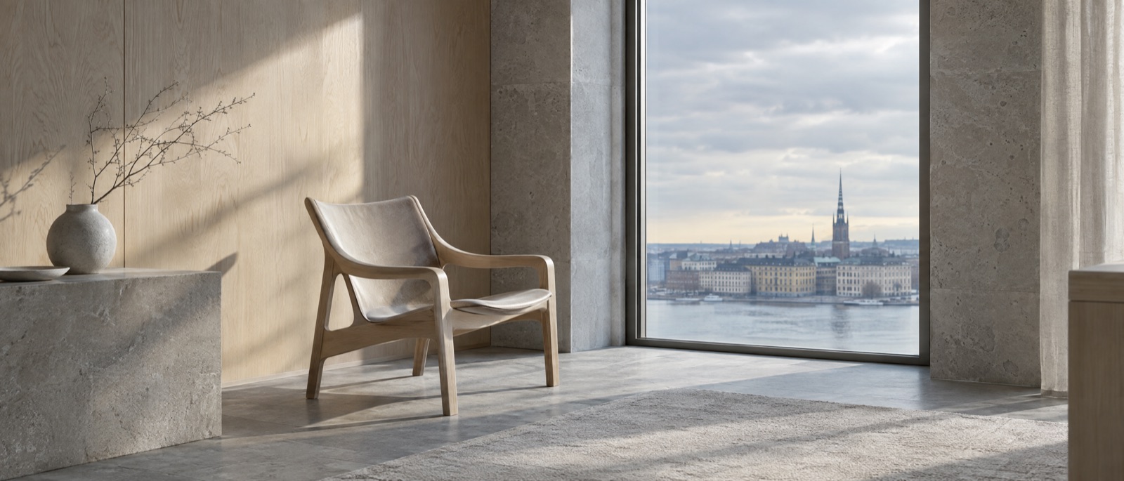 Photograph: a bare Nordic interior in birch and limestone, one chair, and a tall window looking across the water to Riddarholmen and Gamla stan.