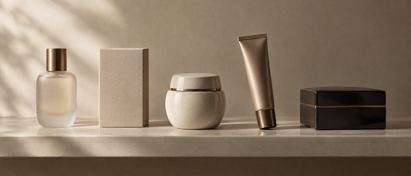 Photograph: five unbranded luxury product forms in a line on a stone shelf, lit identically, one tipped forward out of the line.
